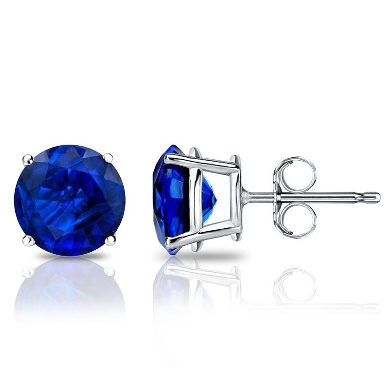 Sapphire Created Crystal 6mm Stud Earring 14K White Gold Plated - 1.00 CT