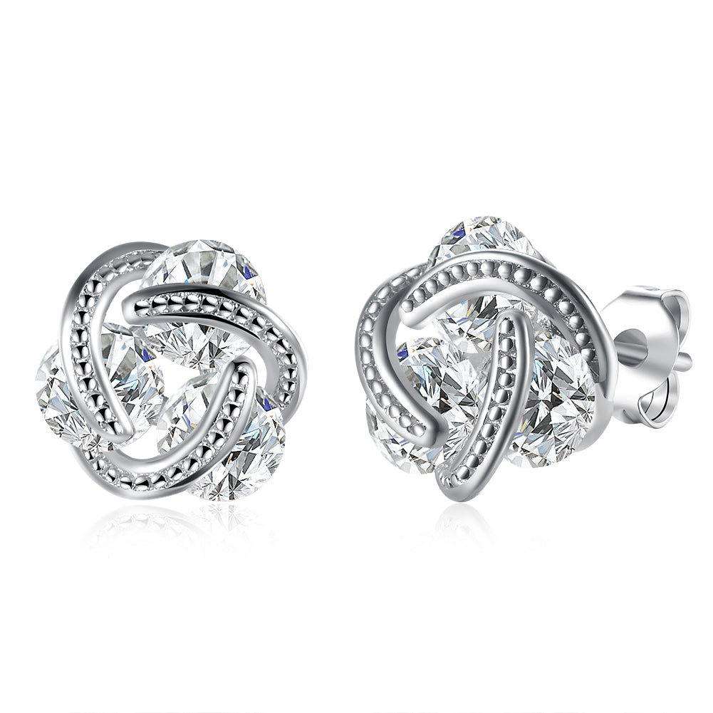 Triple Stone Knot Stud Earring in Silvertone with Crystals