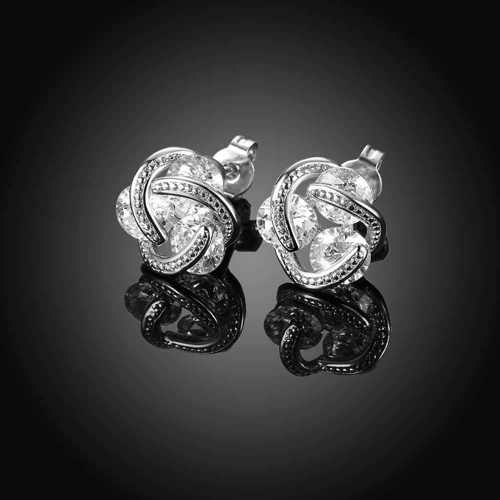 Triple Stone Knot Stud Earring in Silvertone with Crystals
