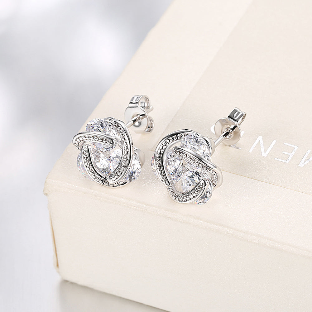 Triple Stone Knot Stud Earring in Silvertone with Crystals