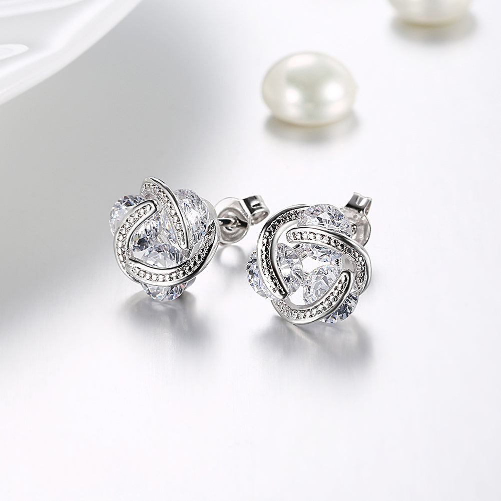 Triple Stone Knot Stud Earring in Silvertone with Crystals