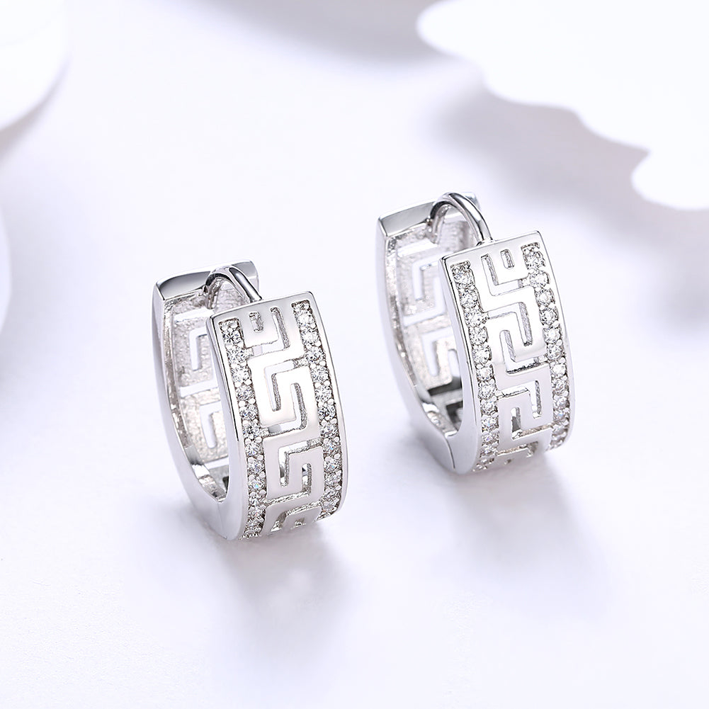 Greek Design Leverback Earring in Silvertone with Crystals