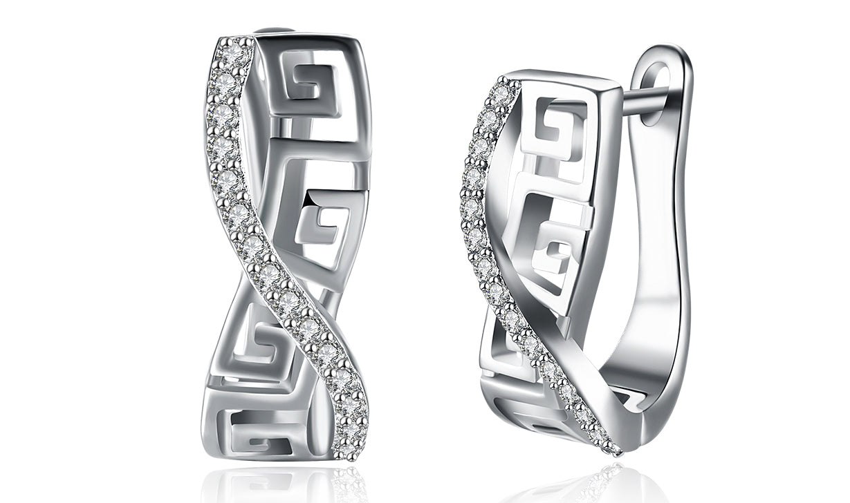 14K White Gold Plated Elements Pav'e Greek Key Design Pav'e Curved Hinge Earrings