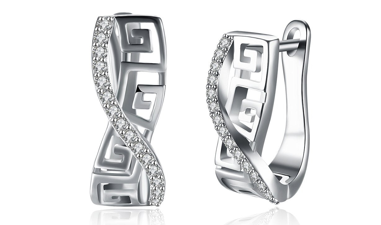 14K White Gold Plated Luxe Elements Pav'e Greek Key Design Pav'e Curved Hinge Earrings ITALY Design