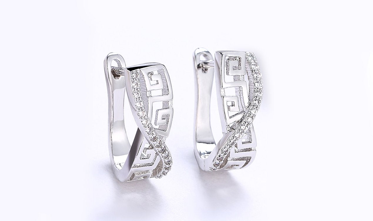 14K White Gold Plated Luxe Elements Pav'e Greek Key Design Pav'e Curved Hinge Earrings ITALY Design