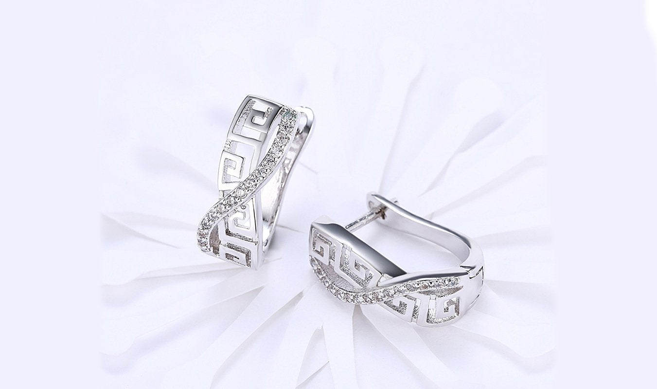 14K White Gold Plated Luxe Elements Pav'e Greek Key Design Pav'e Curved Hinge Earrings ITALY Design