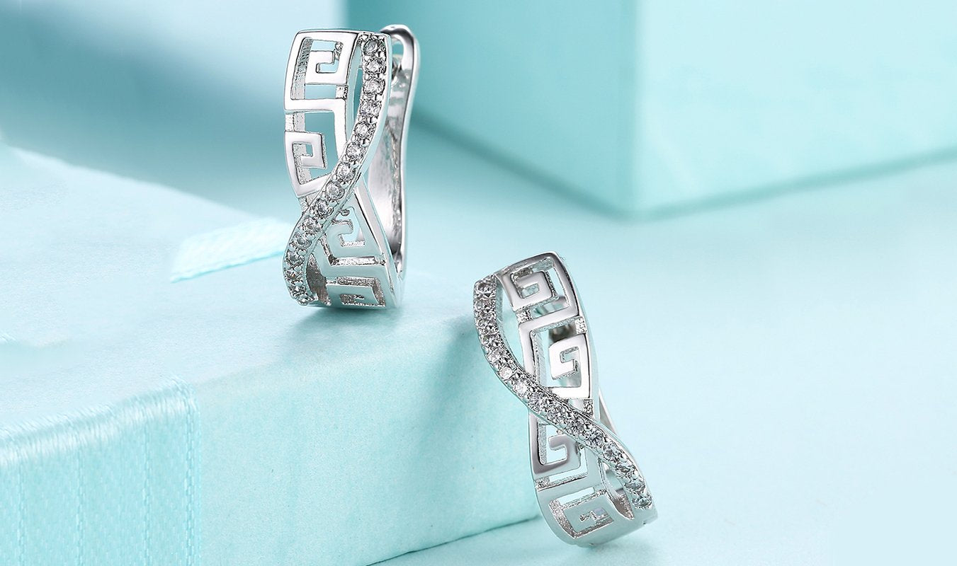 14K White Gold Plated Luxe Elements Pav'e Greek Key Design Pav'e Curved Hinge Earrings ITALY Design