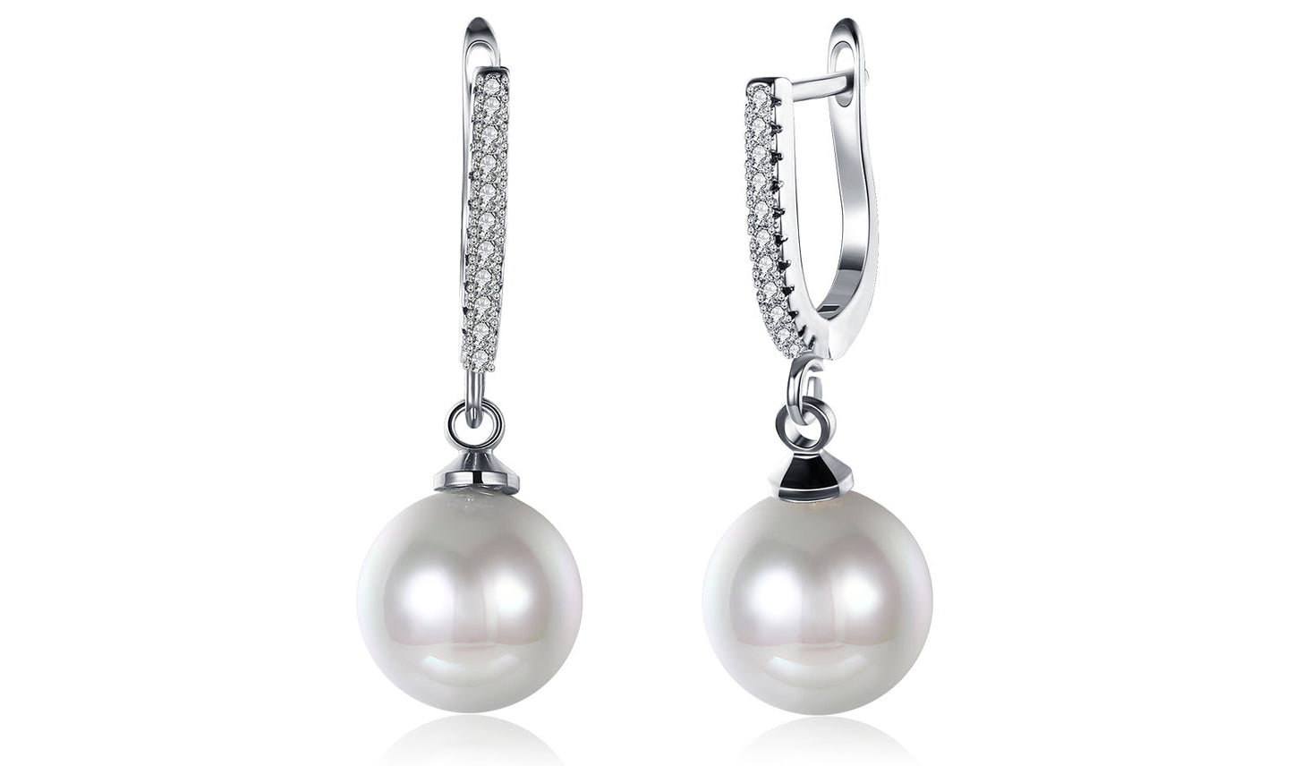 White Elements Thin Dangling Freshwater Pearl Clip On Earrings in 14K White Gold Tone