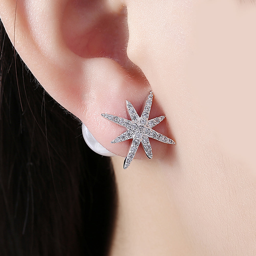 Starburst Freshwater Pearl Double Stud Earring in Silvertone with Crystals