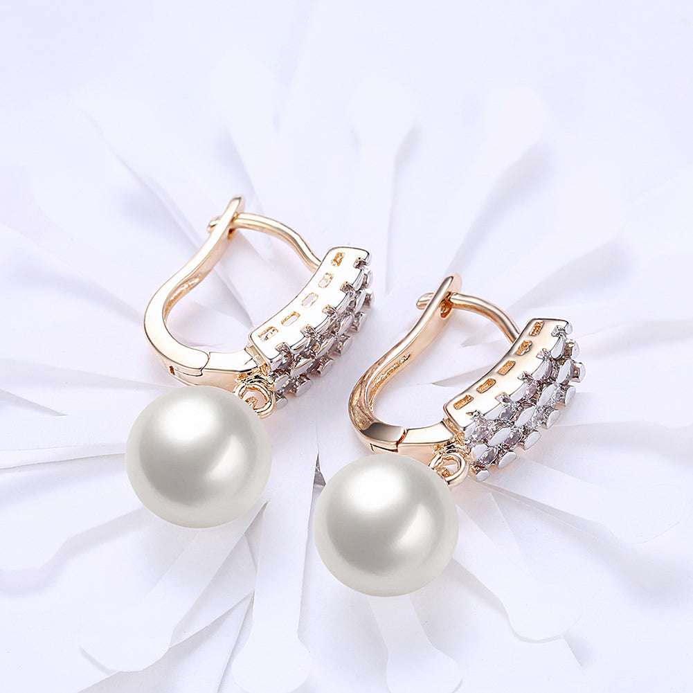 Double Row Freshwater Pearl Drop Huggie Earring in Goldtone with Crystals