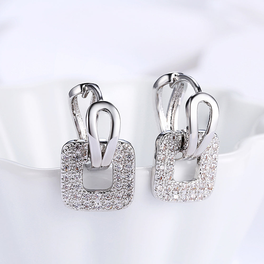 Pave Sqaure Huggie Earring in Silvertone