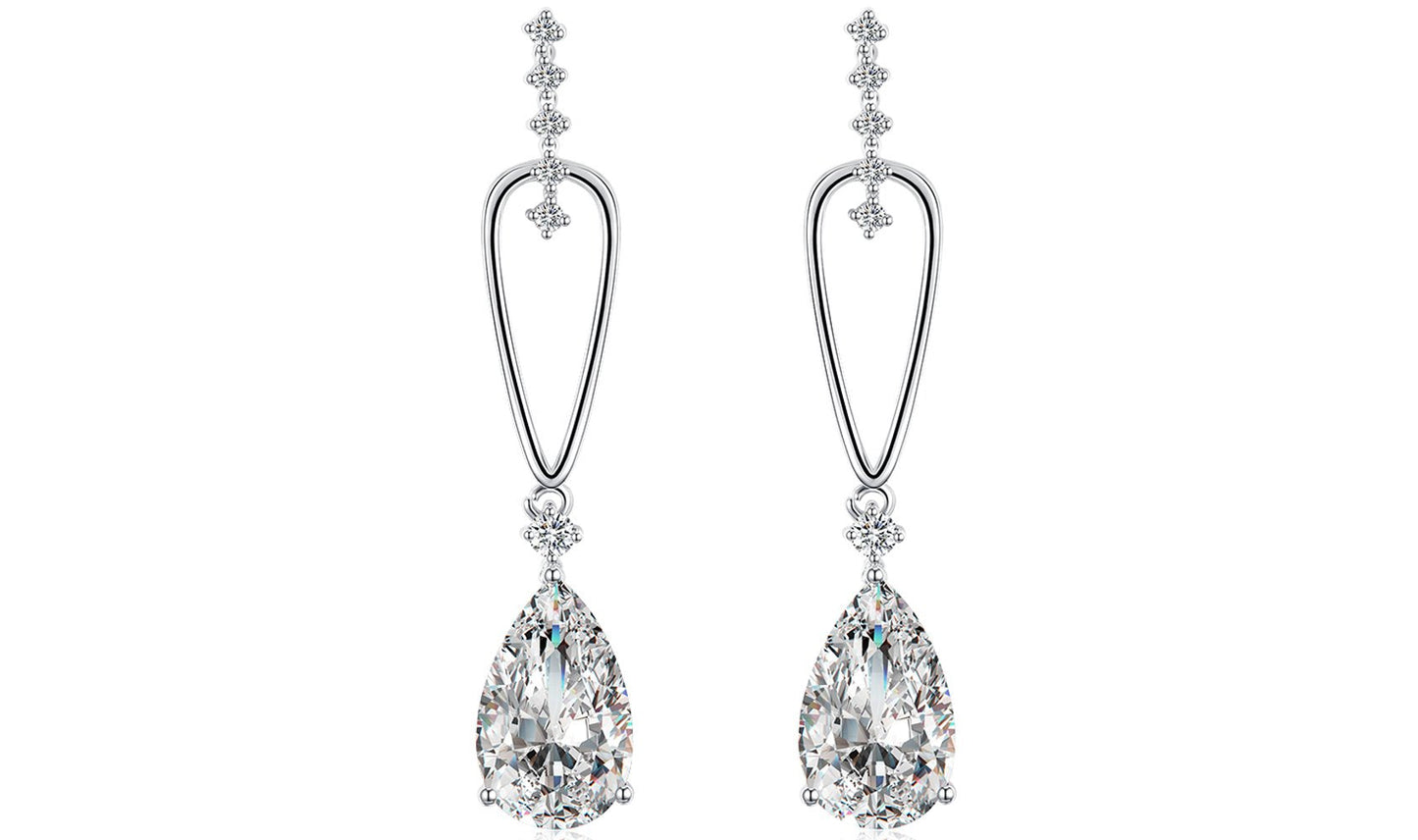 14K White Gold Tone Dangling White Luxe Pear Cut Earrings ITALY Design