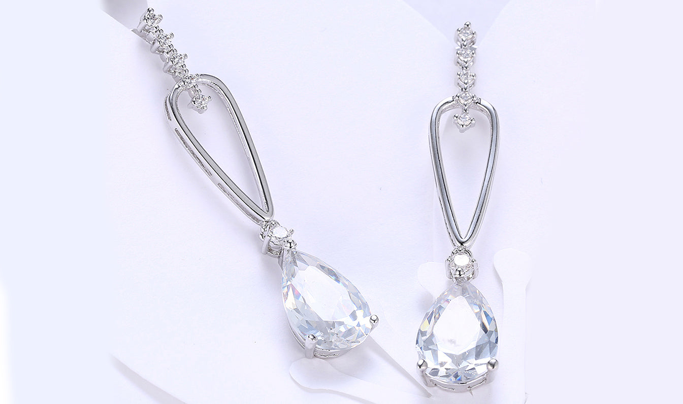 14K White Gold Tone Dangling White Pear Cut Earrings