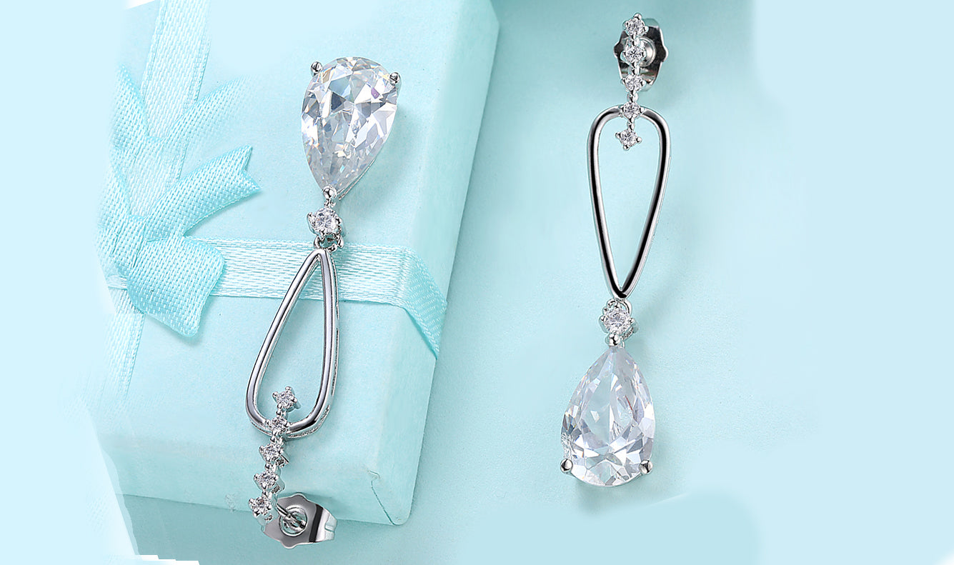 14K White Gold Tone Dangling White Pear Cut Earrings