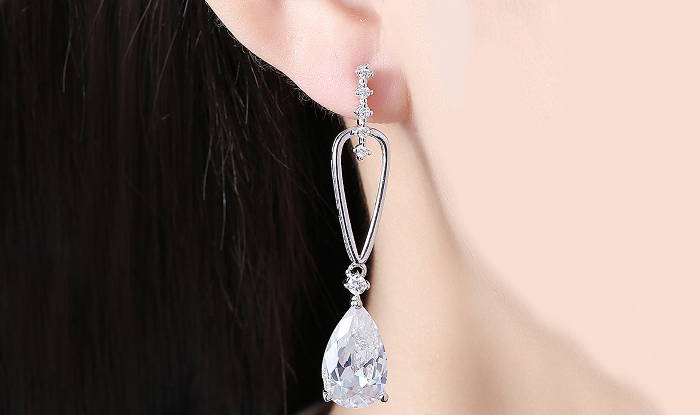 14K White Gold Tone Dangling White Luxe Pear Cut Earrings ITALY Design
