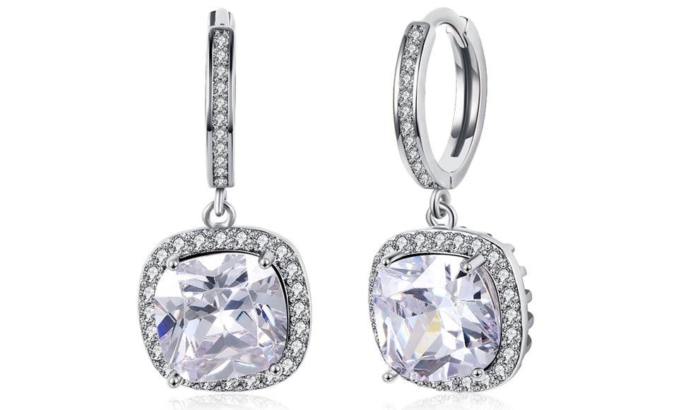 White Asscher Cut Dangling Lever back Earrings in 14K White Gold