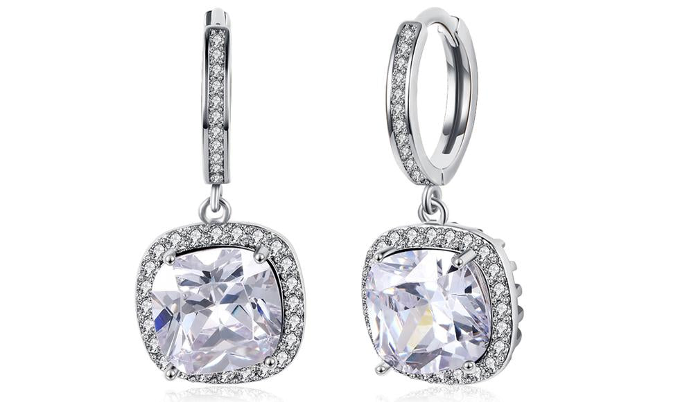 White Luxe Asscher Cut Dangling Lever back Earrings in 14K White Gold ITALY Design