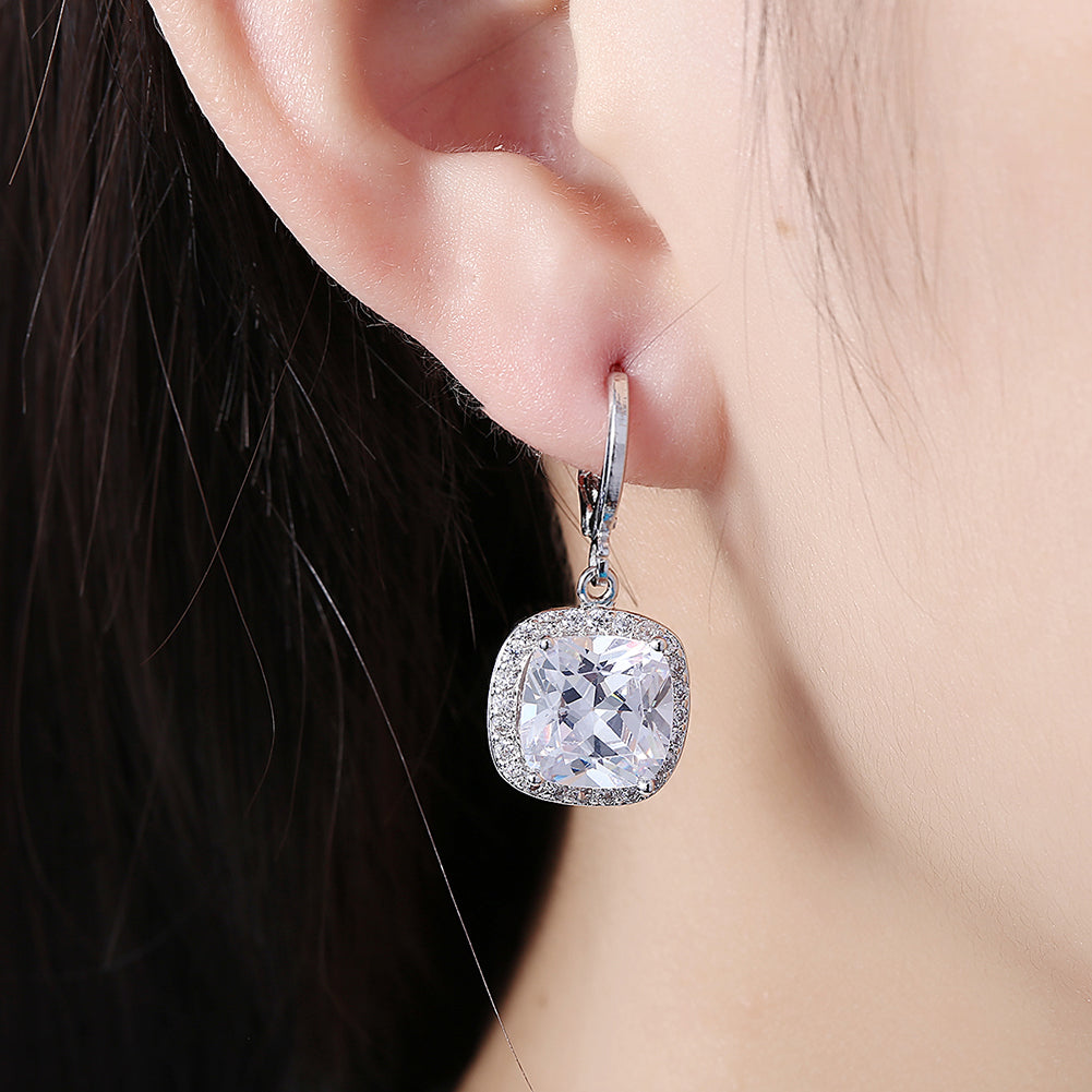 3.00 Ct Asscher Cut Halo Drop Earring in Silvertone