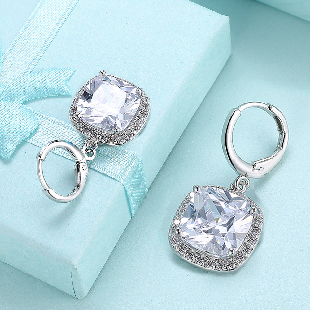 3.00 Ct Asscher Cut Halo Drop Earring in Silvertone