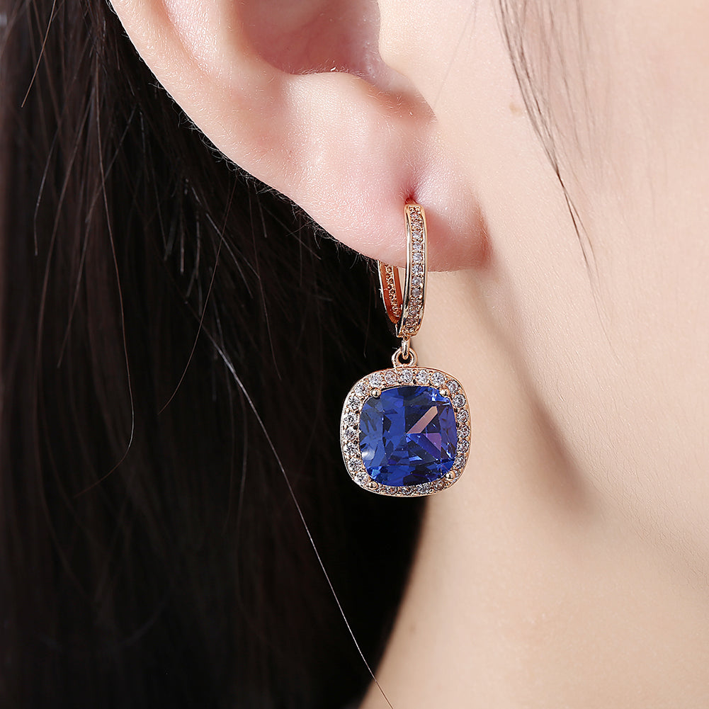 3.00 Ct Sapphire Asscher Cut Halo Drop Earring in Goldtone