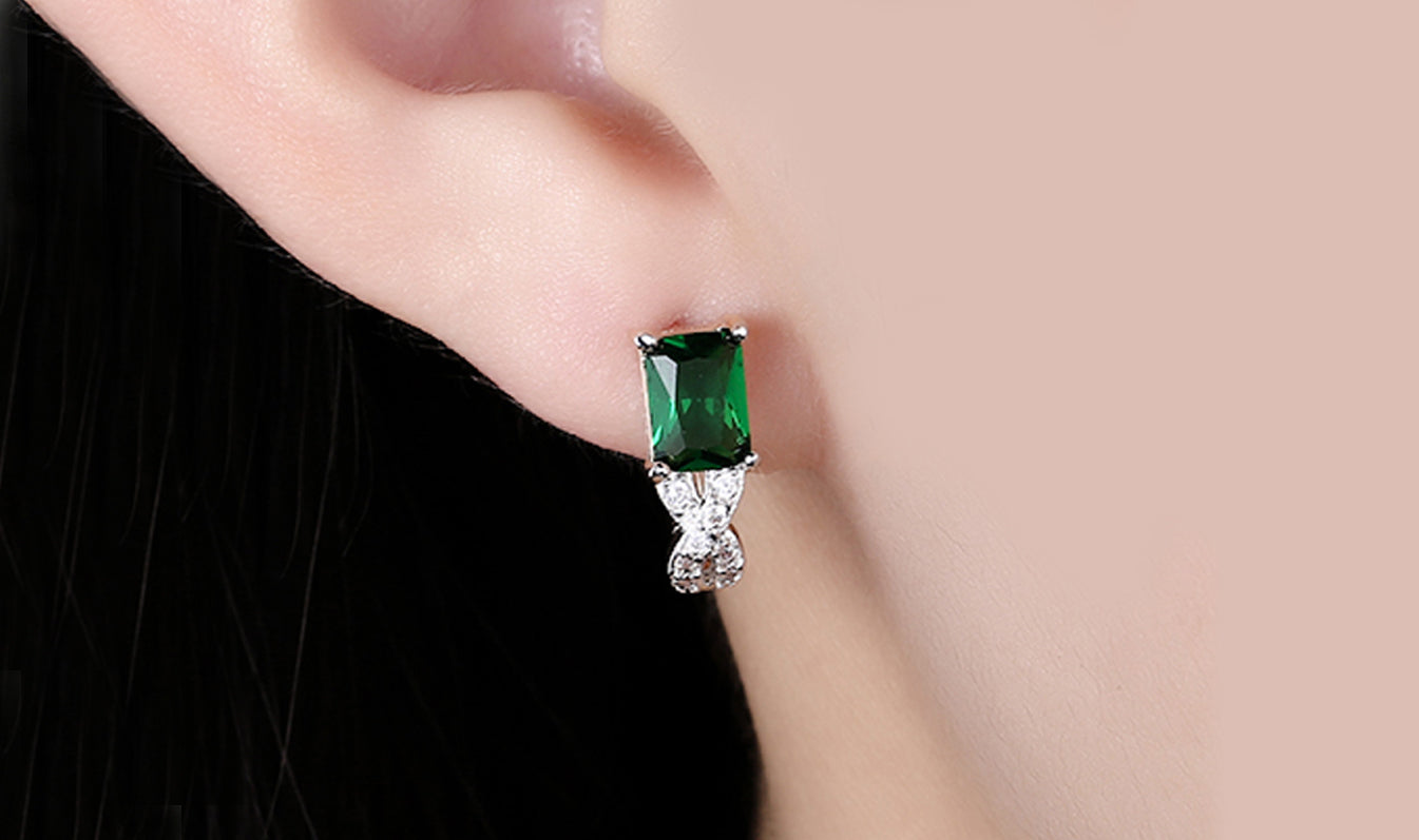 Goldtone Tone Emerald Cut Green Elements Twisted Pav'e Lever back Earrings