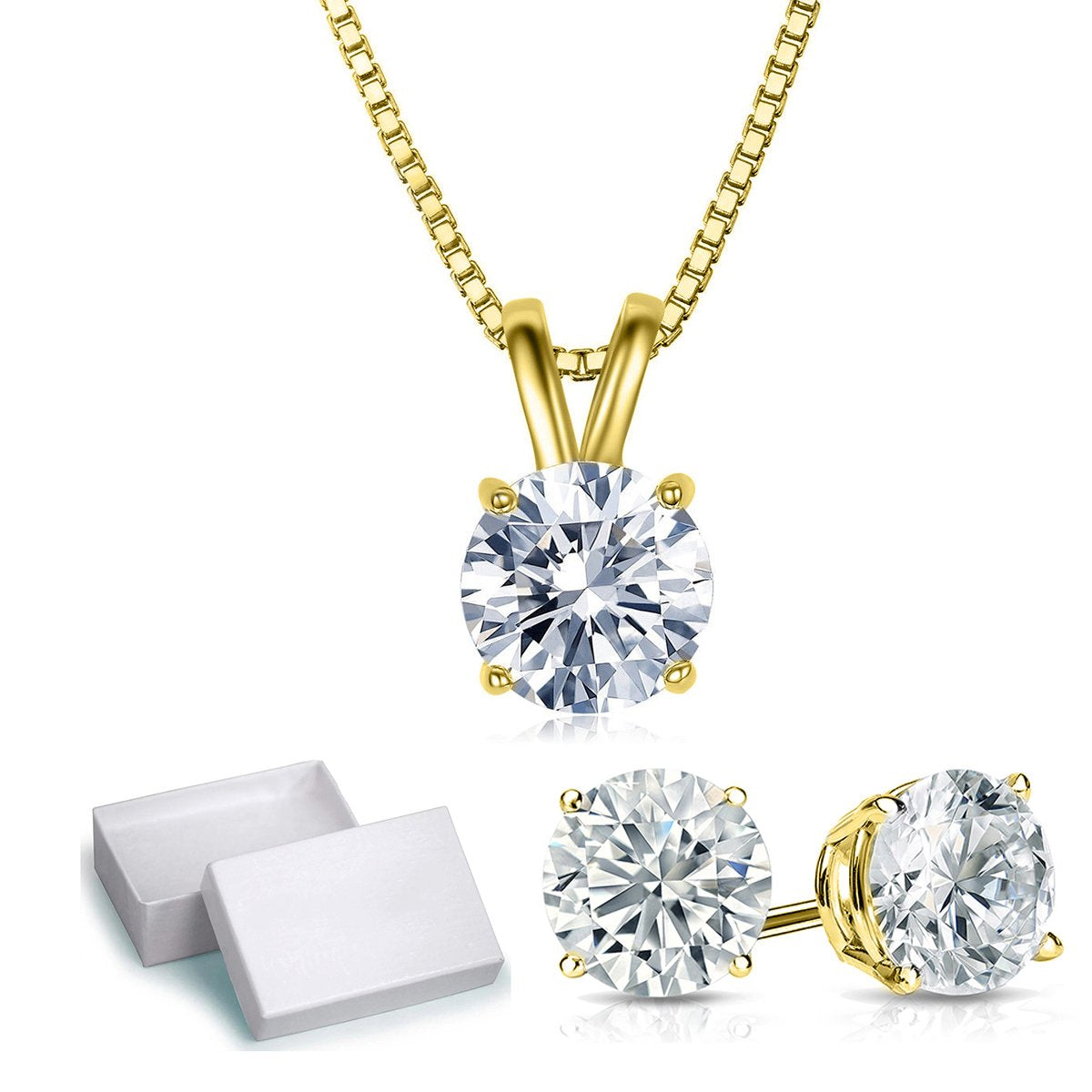 Solitaire Necklace and 4 Prong Earring made With Luxe Crystals with Luxe Box - Goldtone ITALY Design