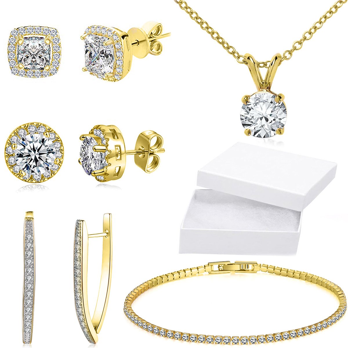 10Ct Tennis Bracelet + Halo Earring+ Necklace With Crystals - 5 Piece Set with Luxe Box - Goldtone ITALY Design