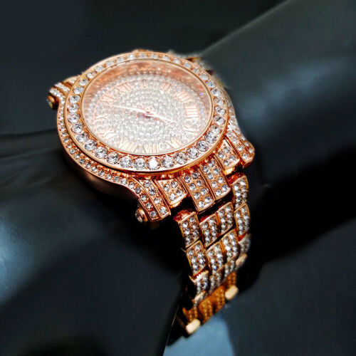 Stainless Steel Goldtone Pave Heavy Metal Band Watch - Iced Put Diamond Watch- Bling Hip Hop