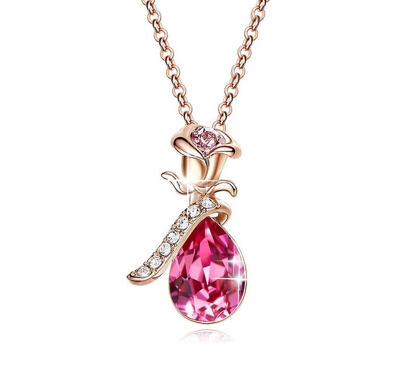Crystals Pink Topaz Waterdrop with Pink Topaz Rose Necklace