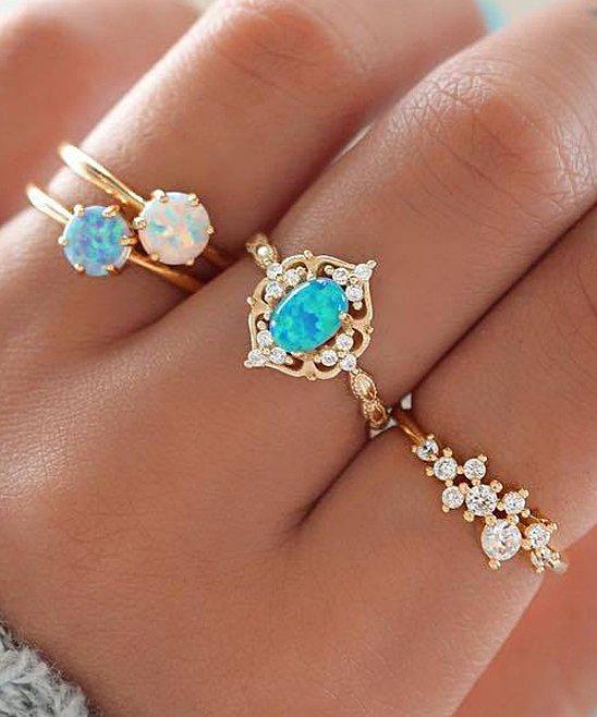 Blue & Goldtone-Plated Ring With Luxe Crystals - Set of 4 ITALY Design