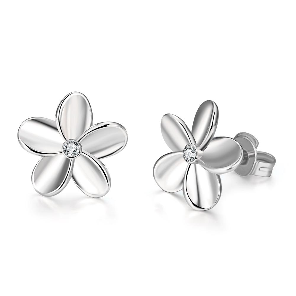 Crystal Flower Stud Earring - 14K White Gold Plated