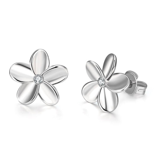 Crystal Flower Stud Earring - 14K White Gold Plated