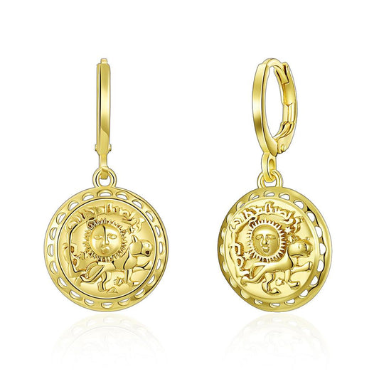 Sun Scribed Medallion Drop Earrings in Goldtone