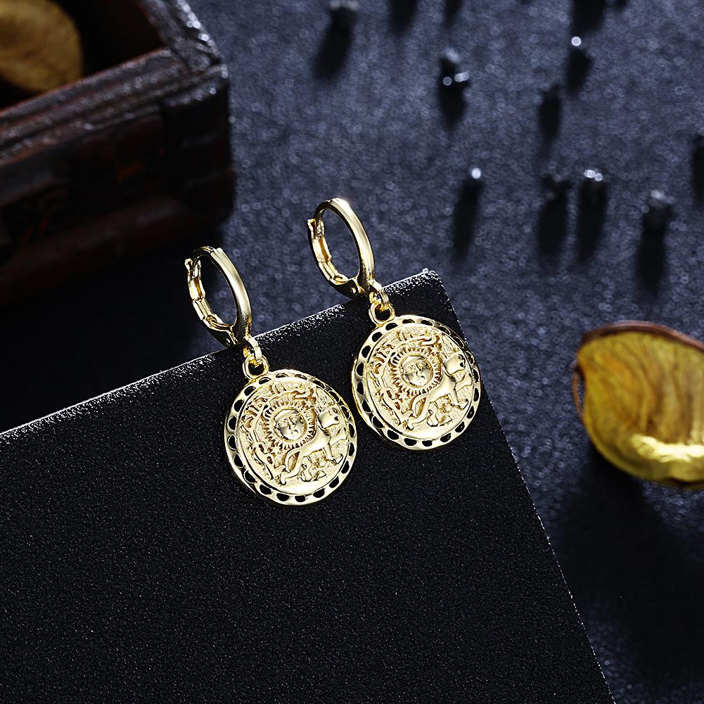 Sun Scribed Medallion Drop Earrings in Goldtone