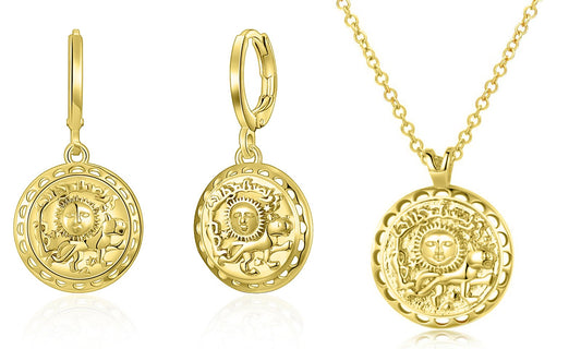 Roman Ingrain Medallion Earrings & Necklace Set in Goldtone