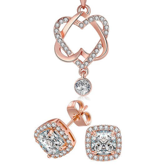 14K Rose Gold Tone  White Luxe Pav'e Interlocking Heart Necklace & Earrings Stud Set ITALY Design