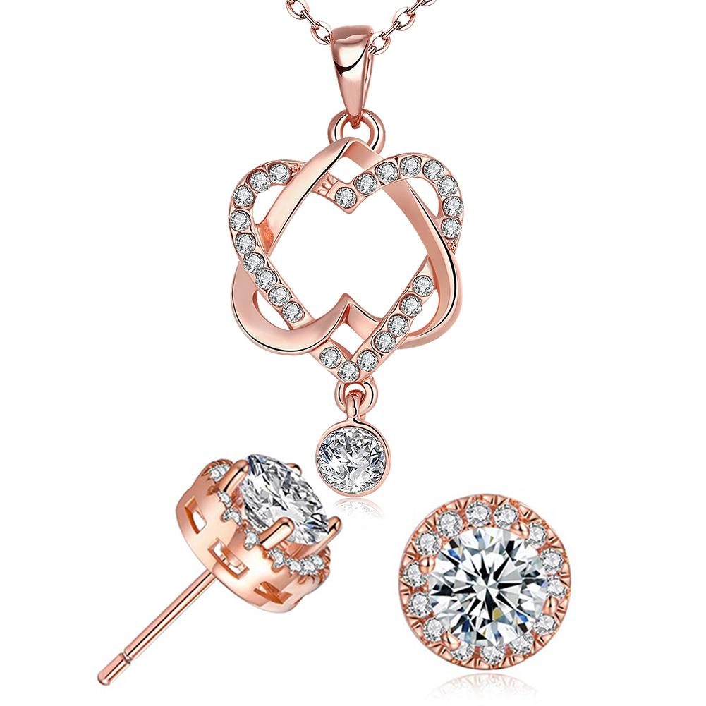 14K Rose Gold Tone  White Luxe Pav'e Interlocking Heart Necklace & Earrings Stud Set ITALY Design
