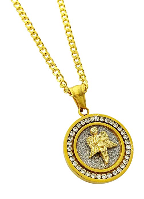 White Crystal Pav'e Medallion Angel Circular Pendant Necklace in Goldtone Tone