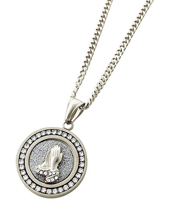 Pave Praying Hands Necklace Embellished with  Crystals in  Silvertone