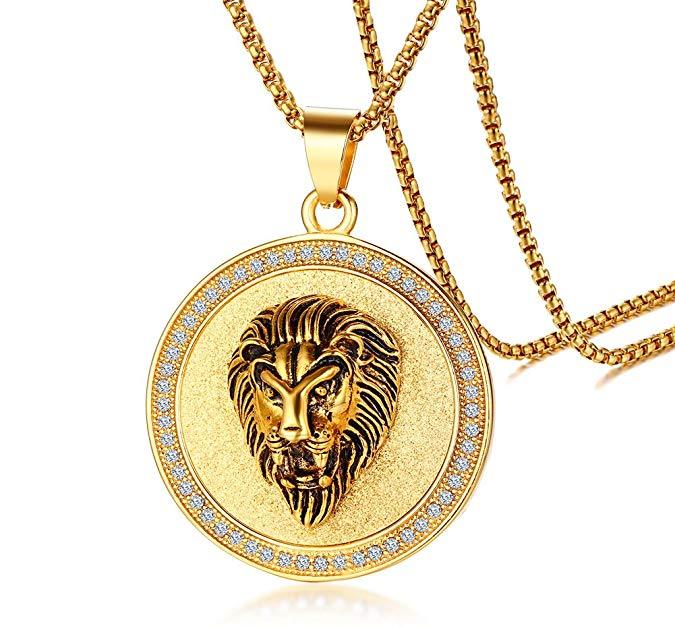 King of the Jungle Lion Pendant Medallion Necklace in Goldtone