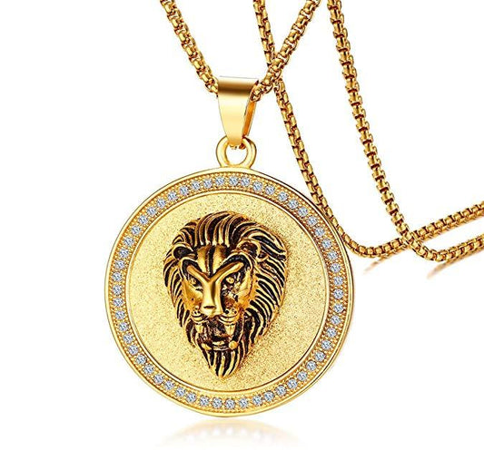 King of the Jungle Lion Pendant Medallion Necklace in Goldtone
