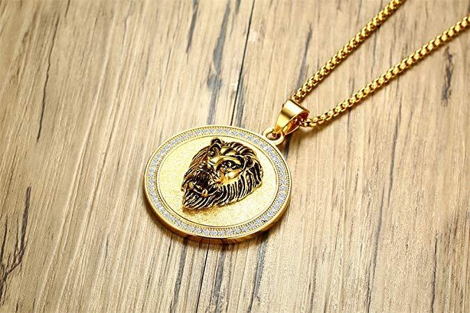 King of the Jungle Lion Pendant Medallion Necklace in Goldtone