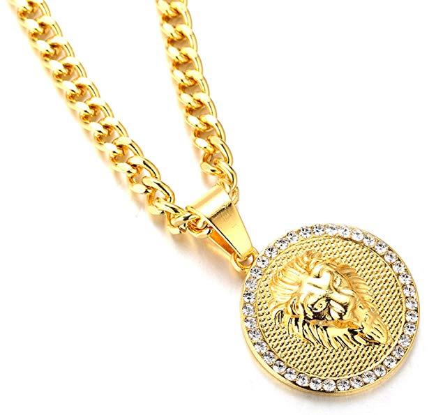 Pave King of the Jungle Lion Pendant Medallion Necklace in Goldtone