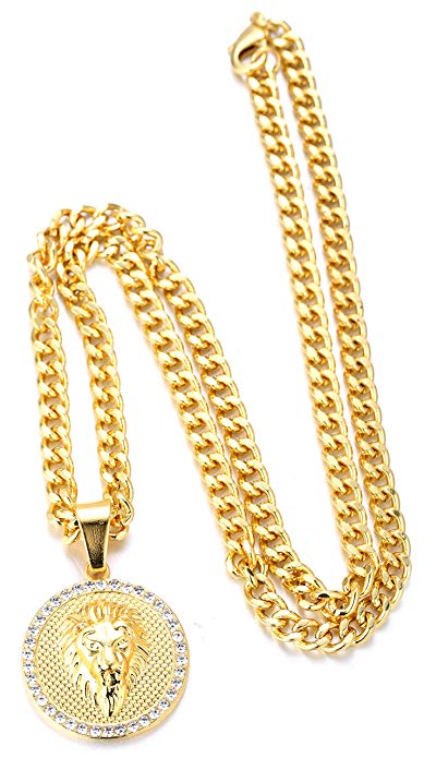 Modern English 3D Lion Pav'e Medallion Necklace in Goldtone Tone