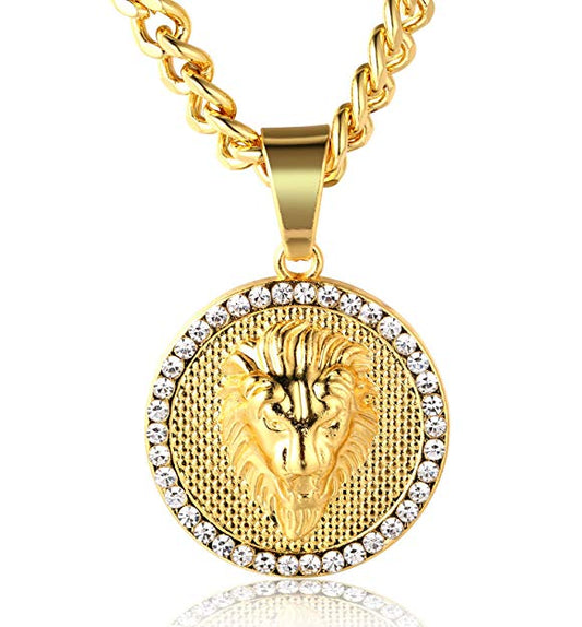 Modern English 3D Lion Pav'e Medallion Necklace in Goldtone Tone