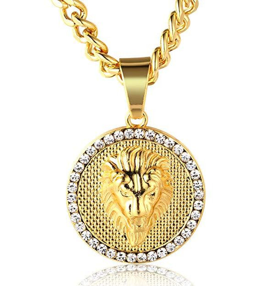 Pave King of the Jungle Lion Pendant Medallion Necklace in Goldtone