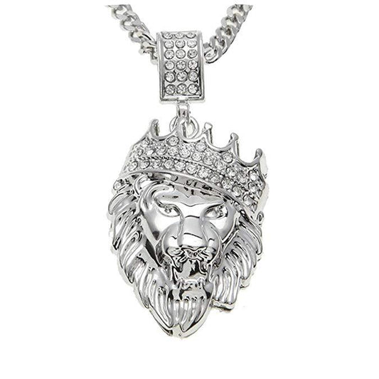 Pave King of the Jungle Lion Crown Pendant Medallion Necklace in  Silvertone