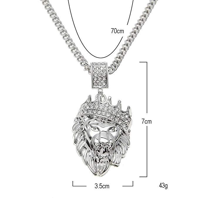 Pave King of the Jungle Lion Crown Pendant Medallion Necklace in  Silvertone