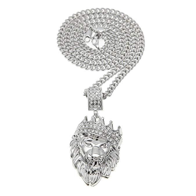 Pave King of the Jungle Lion Crown Pendant Medallion Necklace in  Silvertone
