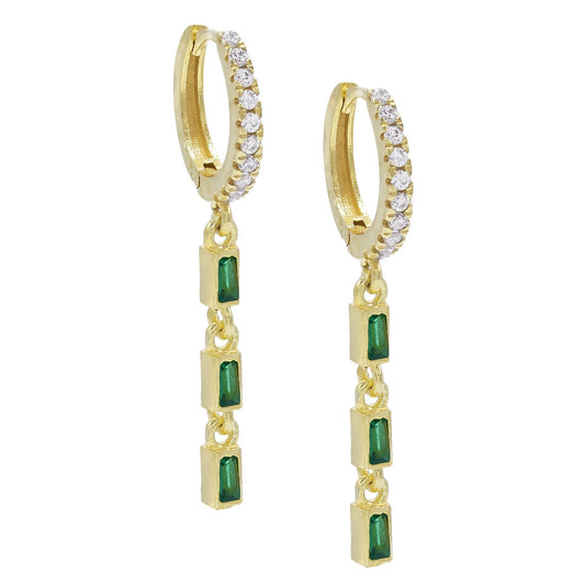 2 PACK -Dangling Three Green Stone  Elements Dangling Pav'e Earrings in Goldtone Tone